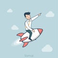 Linear Flat Startup man rocket flying web vector i