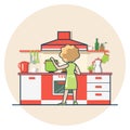 Linear Flat Woman cook kitchen vector illustration