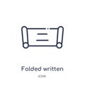 Linear folded written paper icon from Education outline collection. Thin line folded written paper icon isolated on white