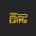 Linear fork with Eat Me text, line art icon on black background. Yellow cutlery, awesome vector logo concept. Flatware