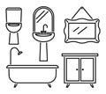 Linear furniture. Bathroom interior design icons. Isolated sink, bath with shower and toilet, mirror and wardrobe