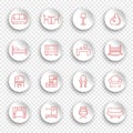 Linear furniture icons on round stickers with transparent shadows
