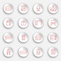 Linear furniture icons on round stickers with transparent shadows