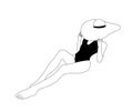 Linear girl is sunbathing in Panama hat. Attractive woman in black swimsuit. On line continuous. Vector outline