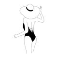 Linear girl is sunbathing in Panama hat. Attractive woman in black swimsuit. On line continuous. Vector outline