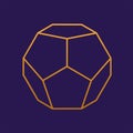 Linear golden dodecahedron on purple background for game, icon, packaging design or logo. Platonic solid. Vector