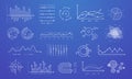 Linear graph chart. Thin line charts, modern statistics graphs and circular bar progress presentation diagram isolated