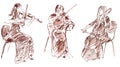 Linear graphic drawing string trio two violinists and cellist