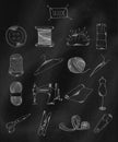 Linear hand drawn icons on chalk Board. Accessories belonging to a seamstress, tailor, fashion designer. Vector