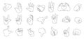 Linear hand gestures. Woman hands different poses minimal linear style, outline simple palm silhouettes with pointing