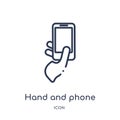 Linear hand and phone icon from Hands and guestures outline collection. Thin line hand and phone icon isolated on white background