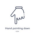 Linear hand pointing down icon from Hands and guestures outline collection. Thin line hand pointing down icon isolated on white