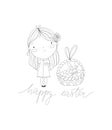 Linear happy easter vector ink line art illustration with girl, basket, eggs, bunny, calligraphy lettering. sketch spring card.