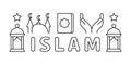 Linear horizontal banner of Islam. Black graphic poster with muslim icons, text. Koran, mosque, prayer hand, star, lantern.