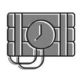 Linear icon of bunch of cylinders with dynamite. Timer on with clock on explosives. Simple black and white vector isolated on