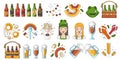 Linear icon collection for oktoberfest celebration. Beer festival symbols, sych as mugs, bottles, pretzel, sausage. Royalty Free Stock Photo