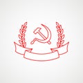 Linear icon of communism. Hammer, sickle and wreath with band. Red Soviet emblem. Minimalist coat of arms of the USSR