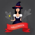 Linear icon with cute Halloween witch in purple costume with magic hat on dark background. Royalty Free Stock Photo