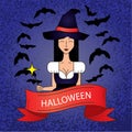 Linear icon with cute Halloween witch in purple costume with magic hat on dark background. Royalty Free Stock Photo