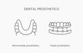 Linear icon dental prosthetics. Vector illustration for dental clinic with removable and fixed prosthetics