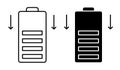 Linear icon. Dropping battery power. Energy storage in energy efficient recyclable battery. Simple black and white vector on white