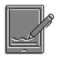 Linear icon. Electronic pen digitally signs tablet screen. Using digital signatures for electronic documents. Simple black and