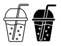 Linear icon, glass of smoothie with straw and lid. Refreshing fruit drinks in hot summer. Simple black and white vector isolated