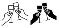 Linear icon. Glasses with festive sparkling champagne in hands. Cheers with glasses at New Year table. Simple black and white