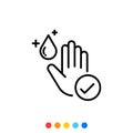 Linear icon of hand cleansed with hand sanitizer, Vector Royalty Free Stock Photo