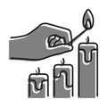 Linear icon. Hand holds burning match over candles. Preparing for the holiday, lighting candles. Simple black and white vector Royalty Free Stock Photo