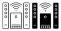 Linear icon. Home theater with speakers and wireless peripheral connections. Premium home cinema equipment. Simple black and white Royalty Free Stock Photo