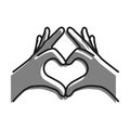 Linear icon. Human hands join fingers in shape of heart. Gesture of friendliness and love. Simple black and white vector isolated Royalty Free Stock Photo