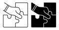 Linear icon. Man hand puts puzzle piece back in place. Making idea come true. Consistent work to achieve result. Simple black and