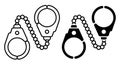 Linear icon, metal handcuffs to neutralize criminals. Outfit and equipment of police. Simple black and white vector isolated on