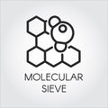 Linear icon of molecular sieve concept. Series labels of chemical formulas and compounds. Black contour pictograph