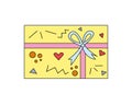 Linear icon multicolored holiday gift box with patterns. Icon for the holiday.