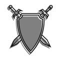 linear icon, pair of crossed knight swords against background of shield. Emblem of old royal family. Simple black and white vector Royalty Free Stock Photo