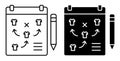 Linear icon. Tablet with with plan diagram of arrangement of players on football field. Leading coach by team players during game