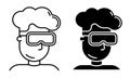 Linear icon, teenager boy in 3D gaming glasses. Virtual reality glasses. Simple black and white vector isolated on white