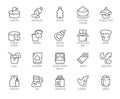 20 linear icons of drinks and food isolated. Dairy produce, sweets, seafood and other logos. Culinary and cooking theme