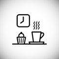 Linear icons. Set elements of classic coffee time. Cup, espresso, muffin.