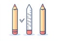 The linear icons set for essential office tools comprises a pen, pencil, ruler, highlighter, computer, and checklist Royalty Free Stock Photo