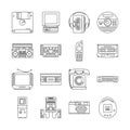 Linear icons set with gadgets of 90s. Retro devices with audio cassette player, tetris, game console, ets