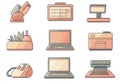 Linear icons set for office equipment featuring a laptop, printer, scanner, and additional items Royalty Free Stock Photo