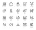 Linear icons of virtual protection, cyberattacks, computer viruses, hacking theme. 20 outline labels isolated on white