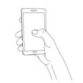 Linear illustration hand with phone, isolated drawing smartphone