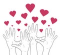 Linear illustration of human hands with hearts. International day of friendship and kindness. The unity of people. Vector element