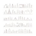 Linear illustrations at the line, border for design about camping, glamping, outdoor relax.