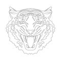 Linear image head of a wild tiger with fangs, coloring book for children.