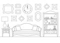 Linear interior with a sofa, a bookcase. Vector illustration in outline style. Living room